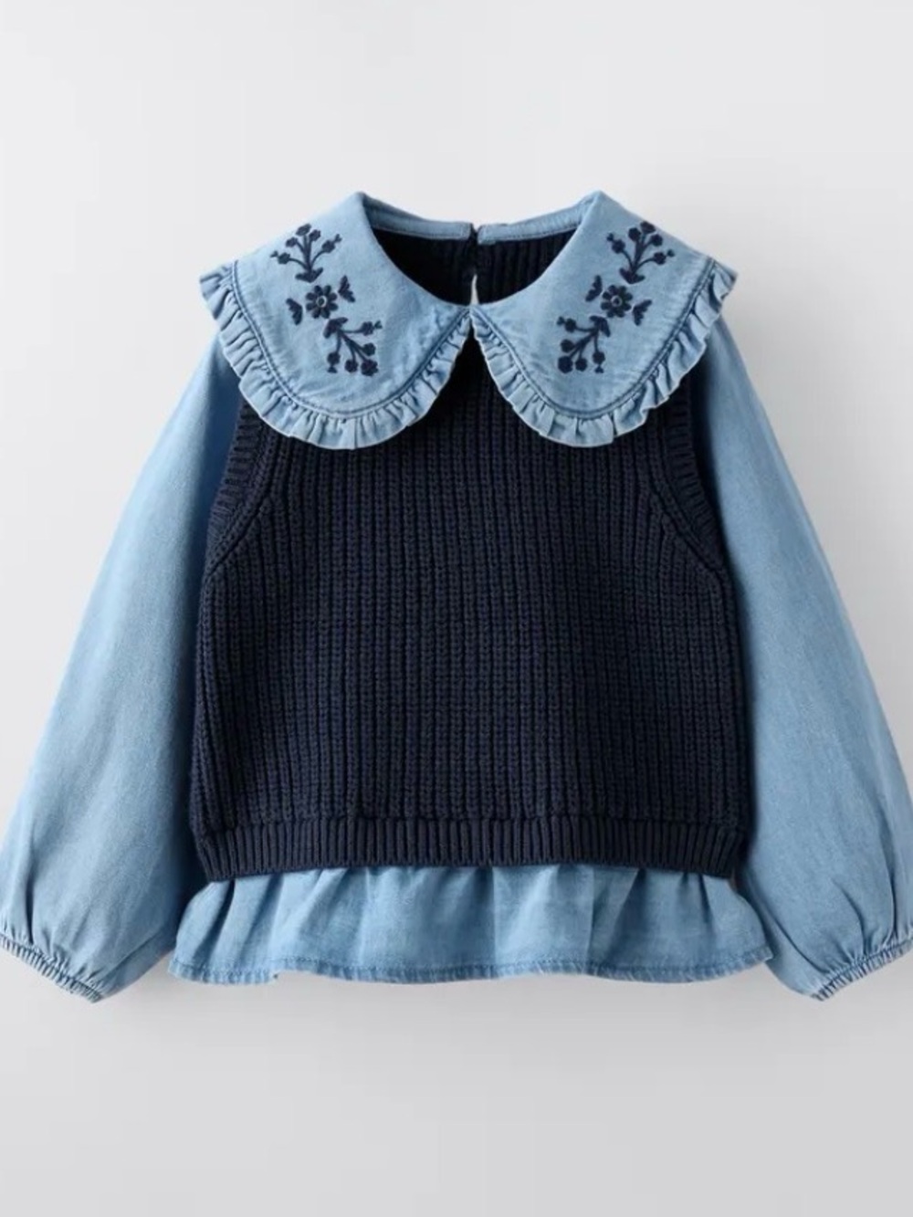 Zara Baby Girl 2-in-1 Denim Top w/ Knit Vest, Embroidered Collar, 2T (92cm)